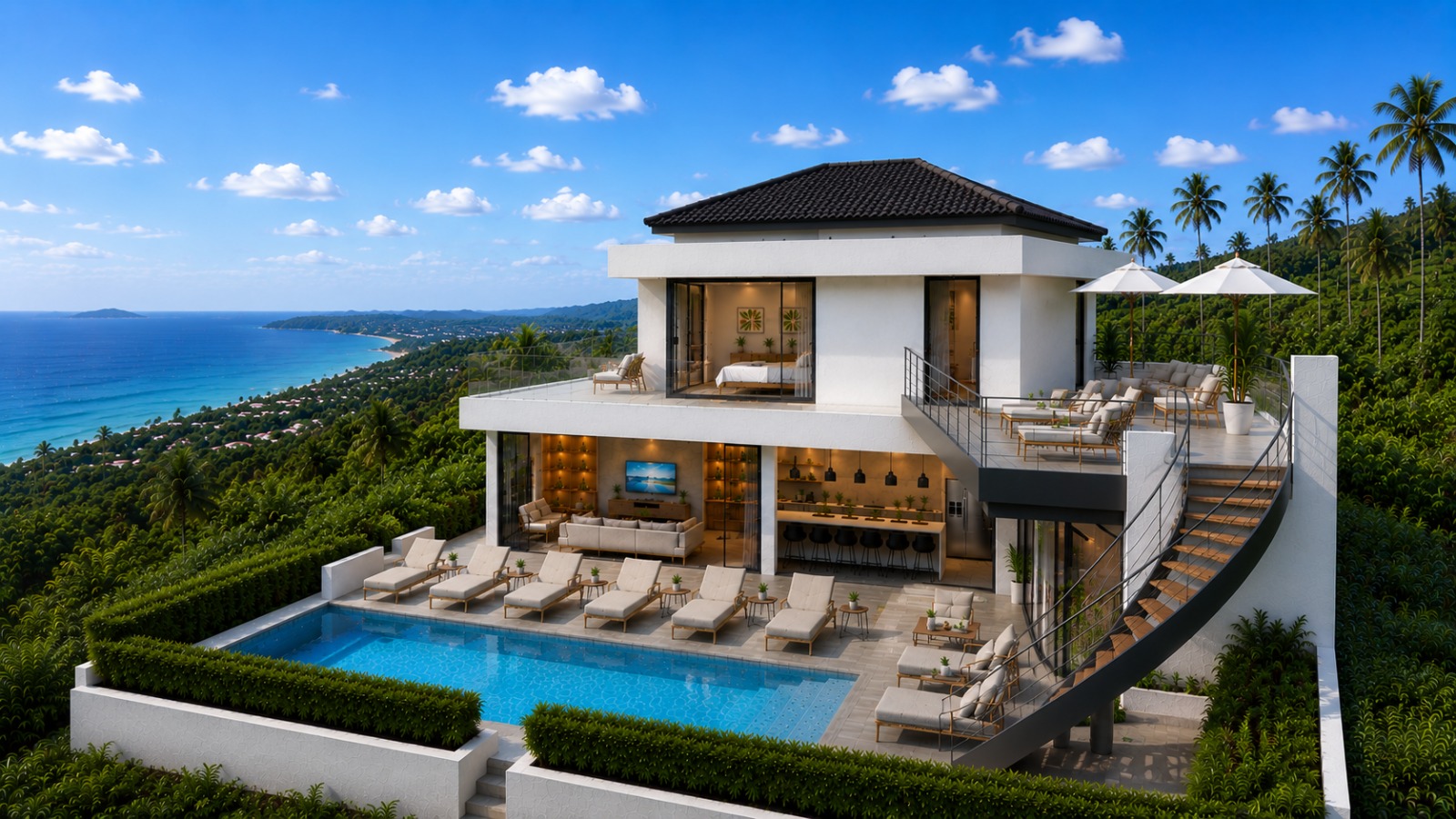 Pool deck aerial — sun loungers, umbrella seating, Chaweng Noi bay panorama