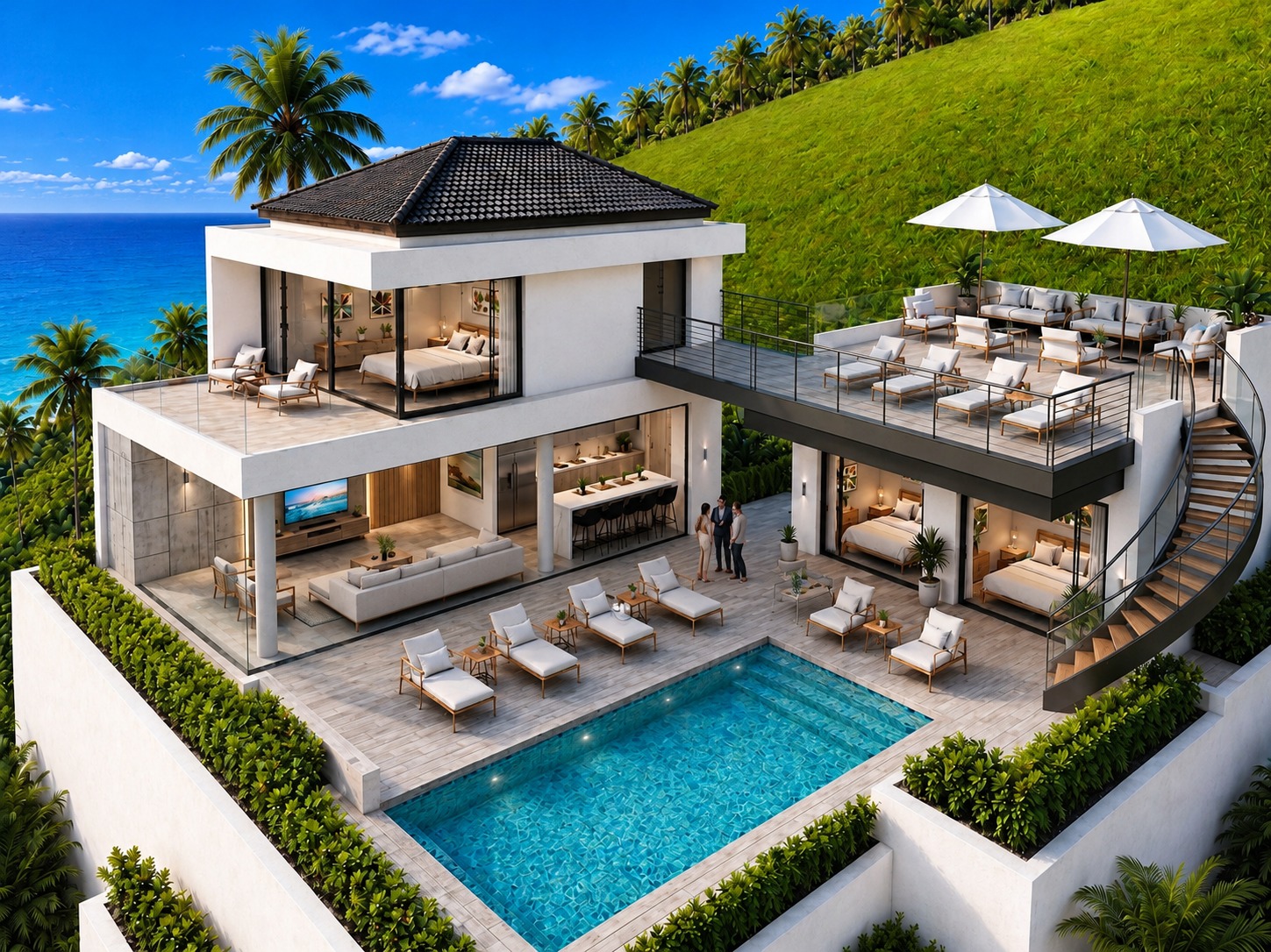 Aerial — 32 sqm infinity pool and rooftop terrace overlooking the bay