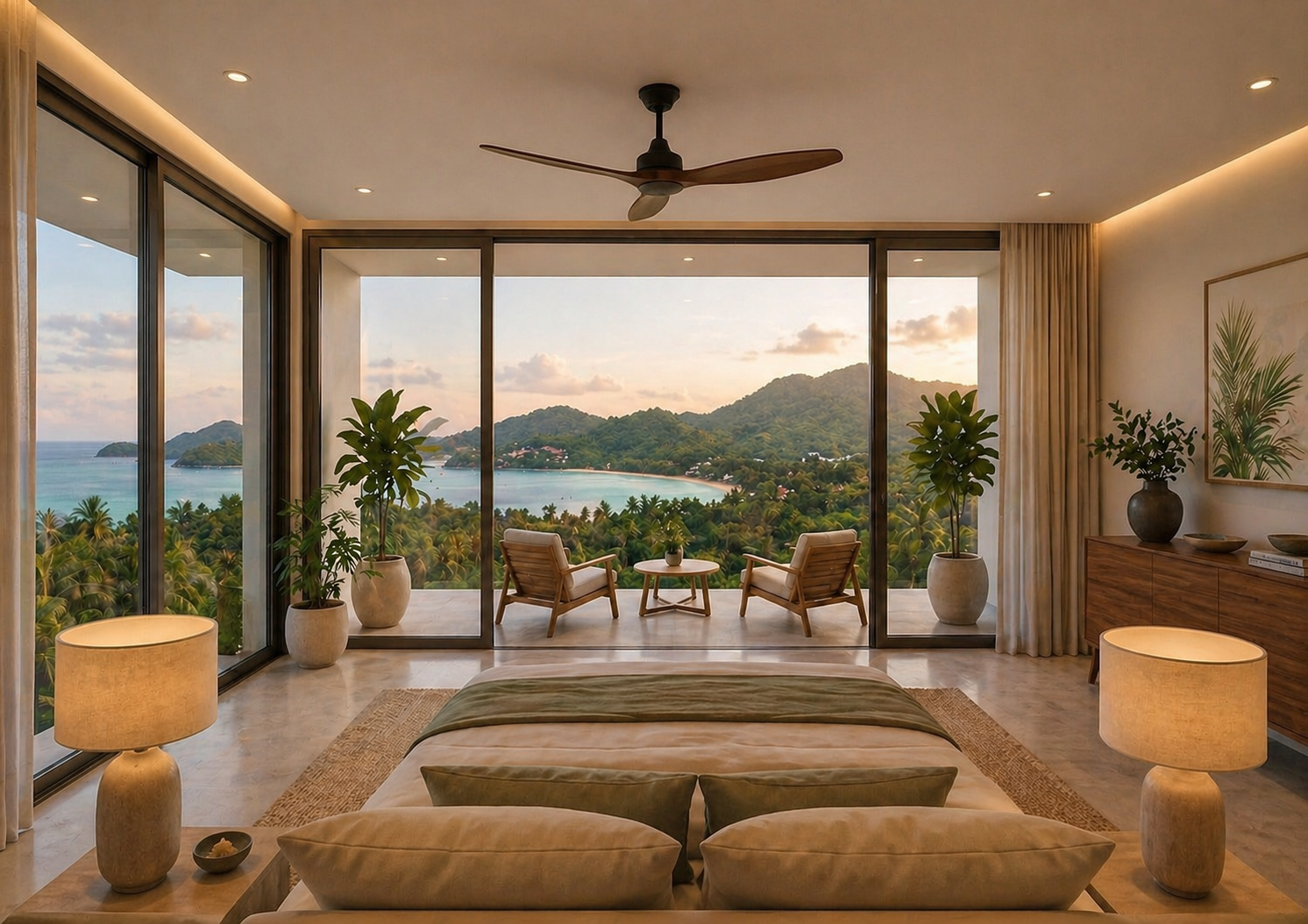 Bay-view living area — floor-to-ceiling glass framing the Andaman Sea at sunset