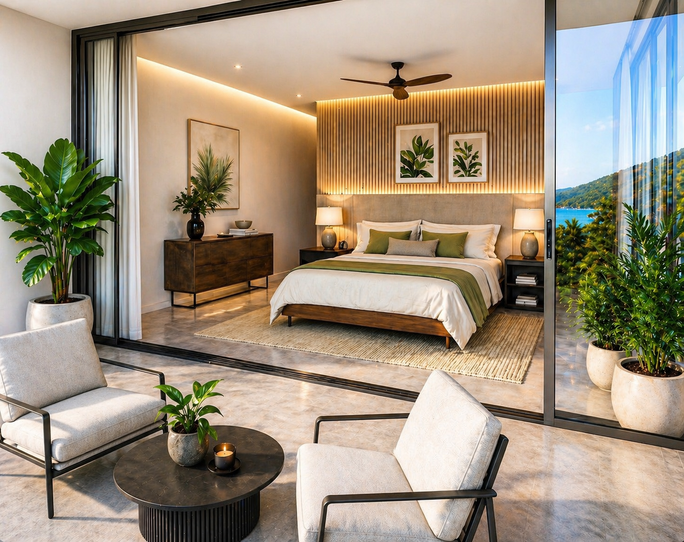 Bedroom suite opening onto a private outdoor lounge framed by the bay