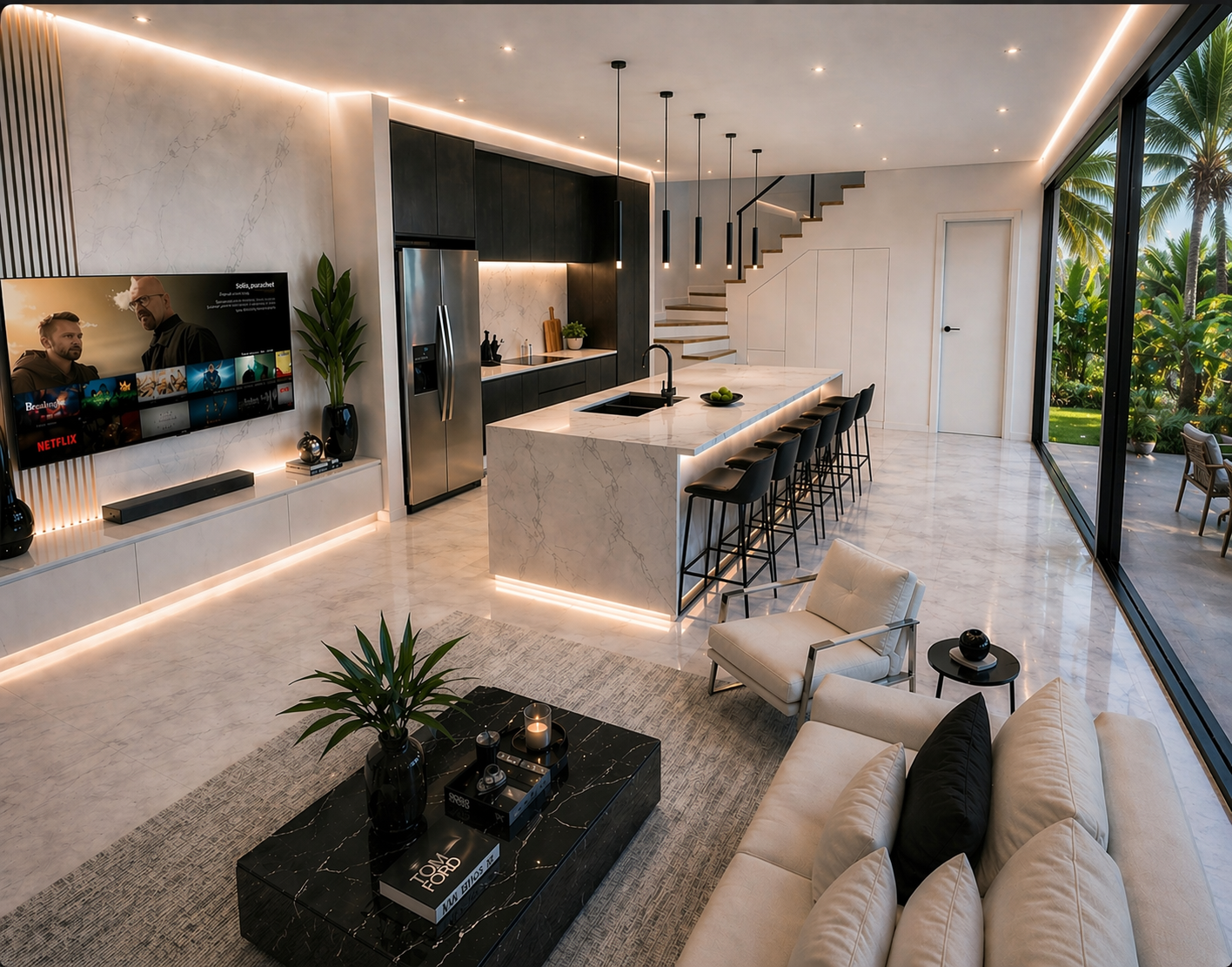 Open kitchen — marble island, integrated stairway, view to the pool deck
