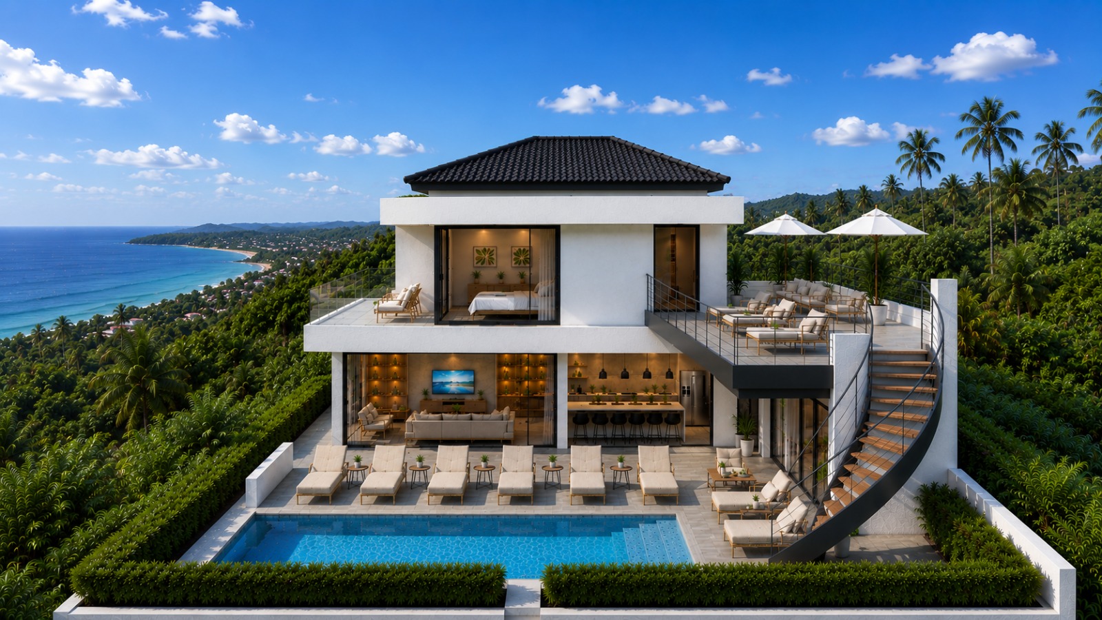 Azure 6 front aerial — villa, pool deck and hillside setting at dusk